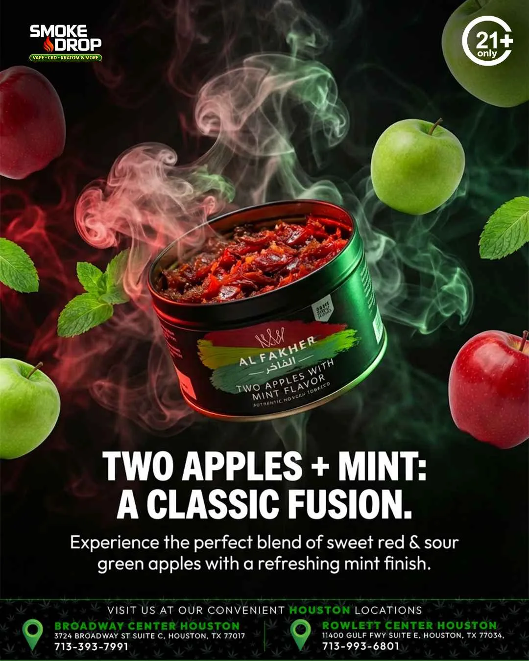 Al Fakher Two Apples Mint shisha tin Houston