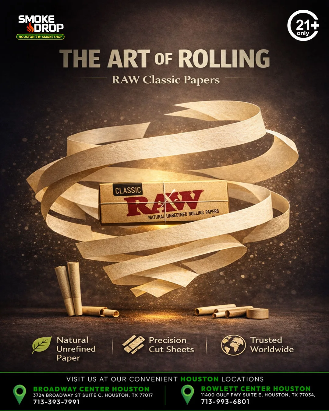 RAW Classic rolling papers display at Smoke Drop Houston