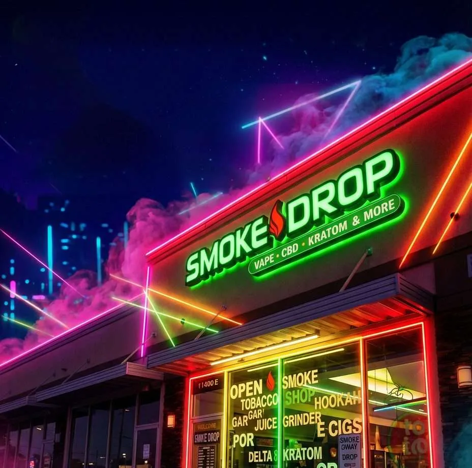 Smoke Drop Houston smoke shop storefront at night